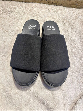 Madden NYC Black Platform Wedge Slide Sandals Platform Slide Sandals in Black